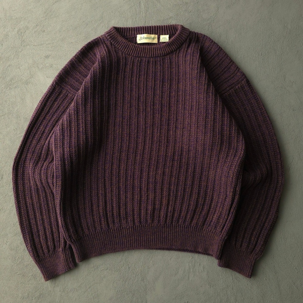 Vintage 90s St Johns Bay Purple Ribbed Knit Cotton Sweater Large Crewneck